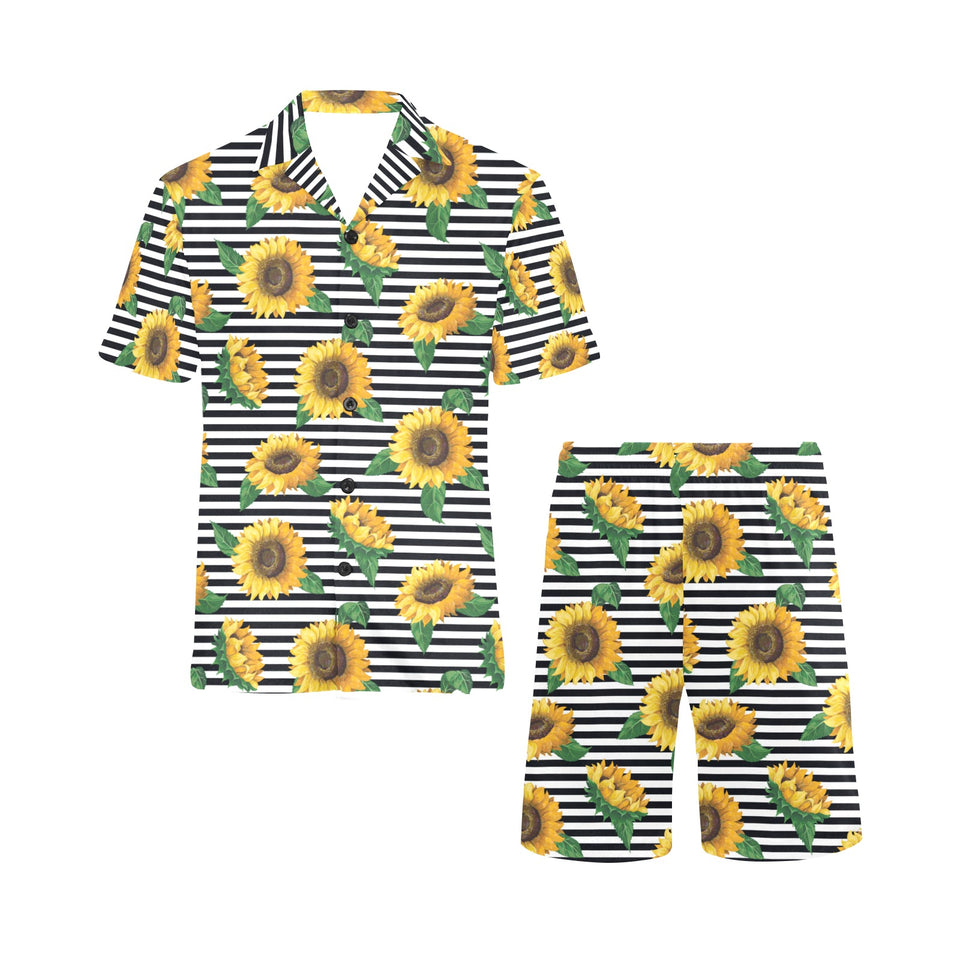 sunflowers ribbon background Men's V-Neck Short Pajama Set