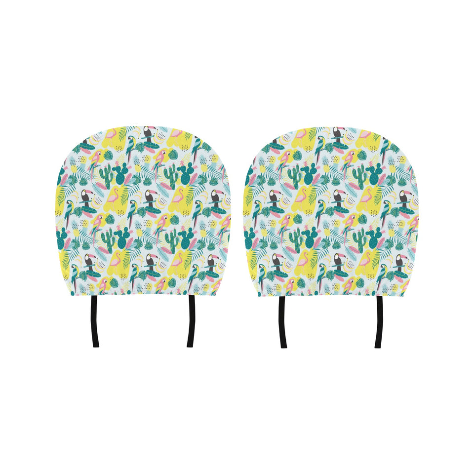 Cute parrot toucan flamingo cactus exotic leaves p Car Headrest Cover
