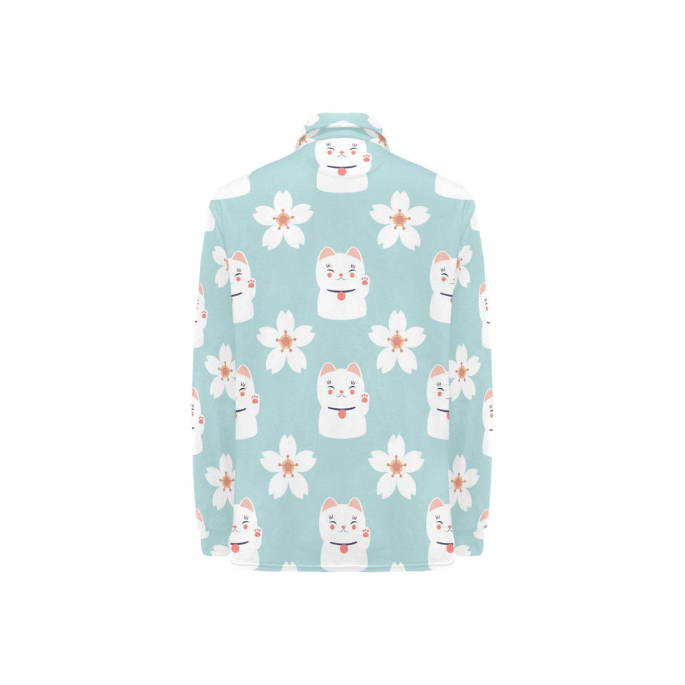 Maneki neko cat sakura Women's Long Sleeve Polo Shirt