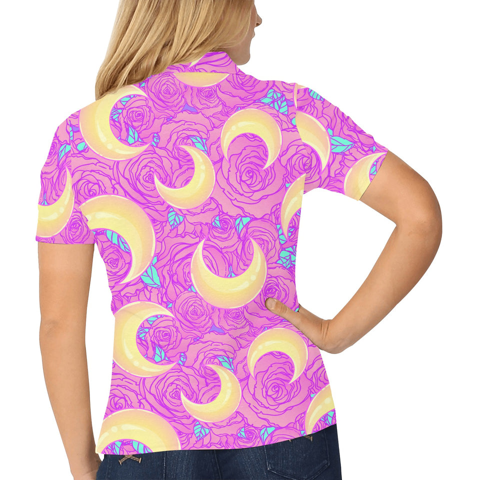 Moon pink rose background Women's All Over Print Polo Shirt