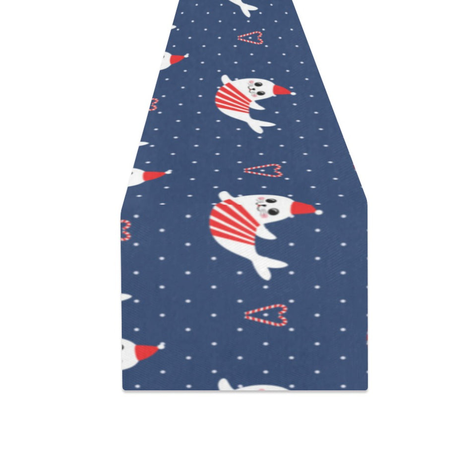 Cute sea lion seal christmas hat candy cane heart Table Runner
