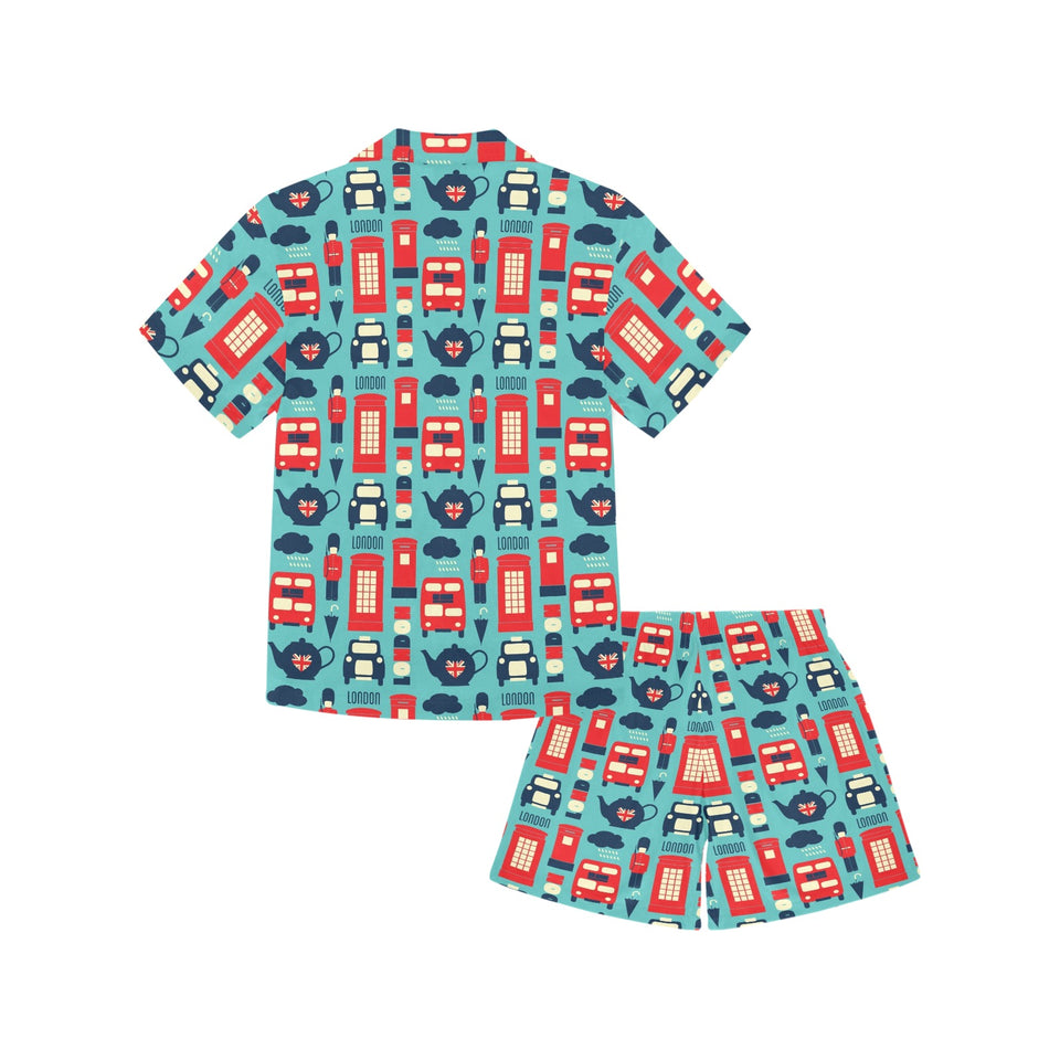British Pattern Print Design 04 Kids' Boys' Girls' V-Neck Short Pajama Set