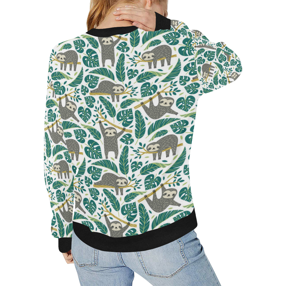Cute sloths tropical palm leaves white background Women's Crew Neck Sweatshirt