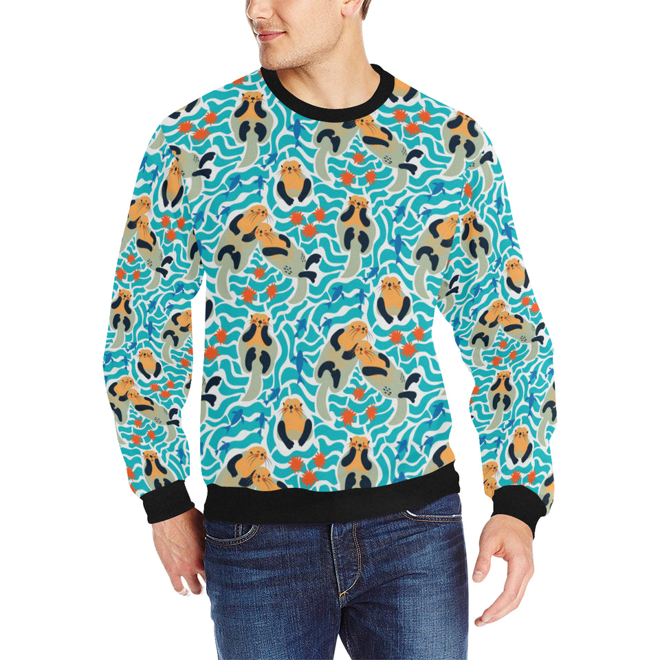 Cute sea otters fishe sea urchin pattern Men's Crew Neck Sweatshirt