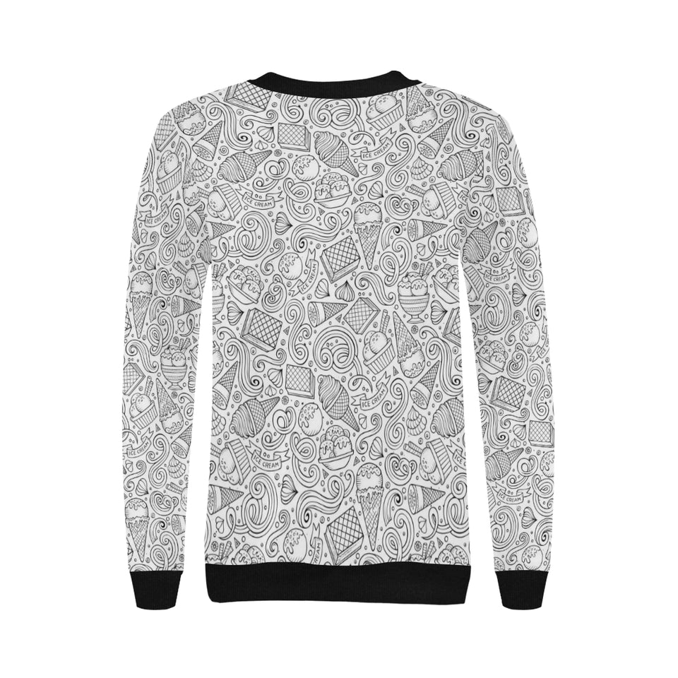 Cartoon hand drawn ice cream black white Women's Crew Neck Sweatshirt