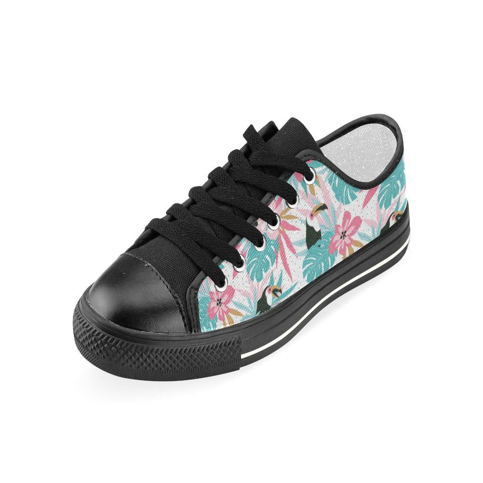 Toucan tropical flower leave pattern Kids' Boys' Girls' Low Top Canvas Shoes Black