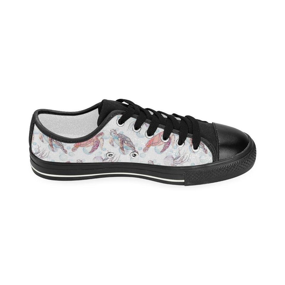 Watercolor sea turtle jellyfish pattern Kids' Boys' Girls' Low Top Canvas Shoes Black