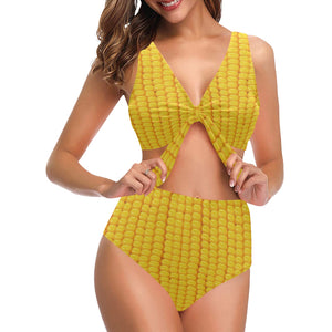 Corn Pattern Print Design 04 Chest Bowknot High Waisted Bikini Swimsuit