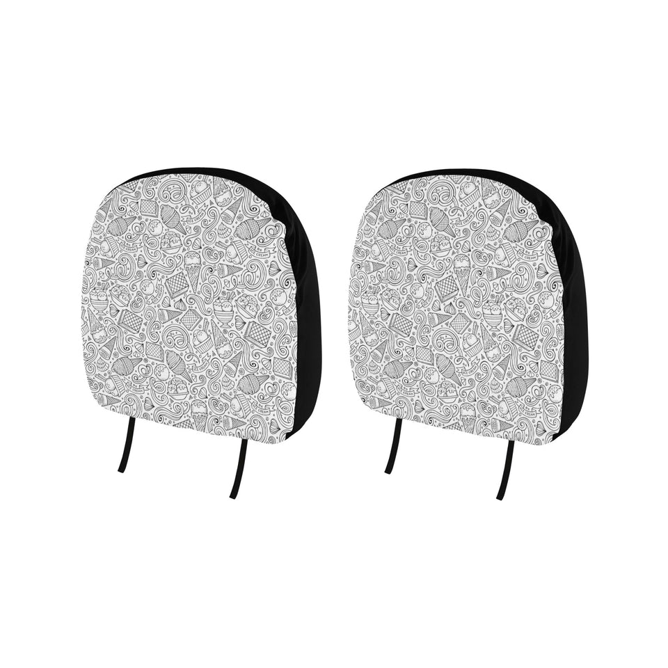Cartoon hand drawn ice cream black white Car Headrest Cover