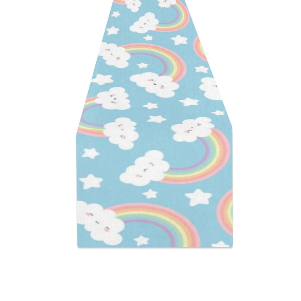 Cute rainbow clound star pattern blue background Table Runner