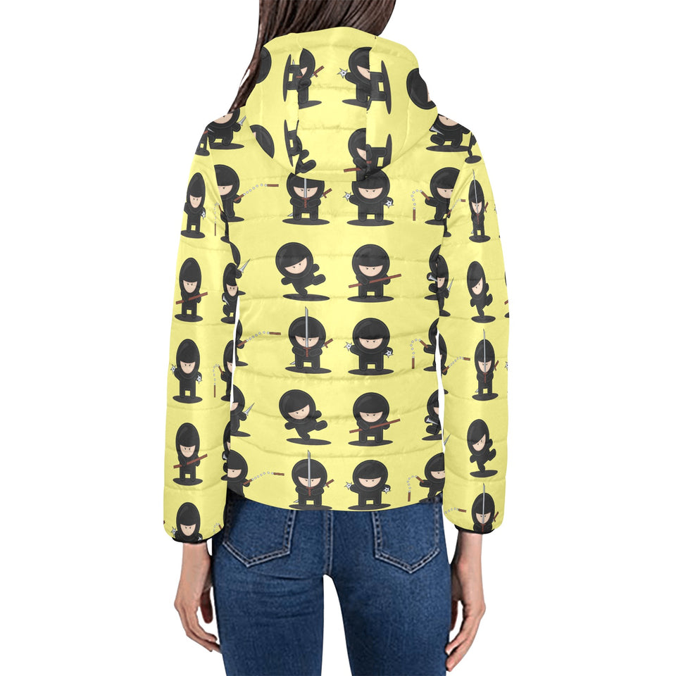 Cute ninja yellow background Women's Padded Hooded Jacket