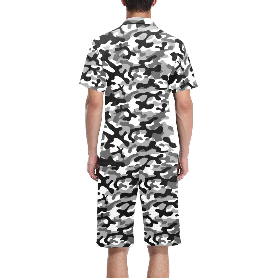 Black white camouflage pattern Men's V-Neck Short Pajama Set