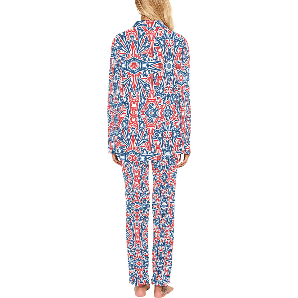 Blue Red Eiffel Tower Pattern Print Design 02 Women's Long Pajama Set