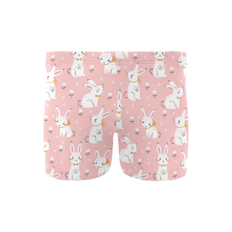 Cute white rabbit flower pink background Men's Swimming Trunks