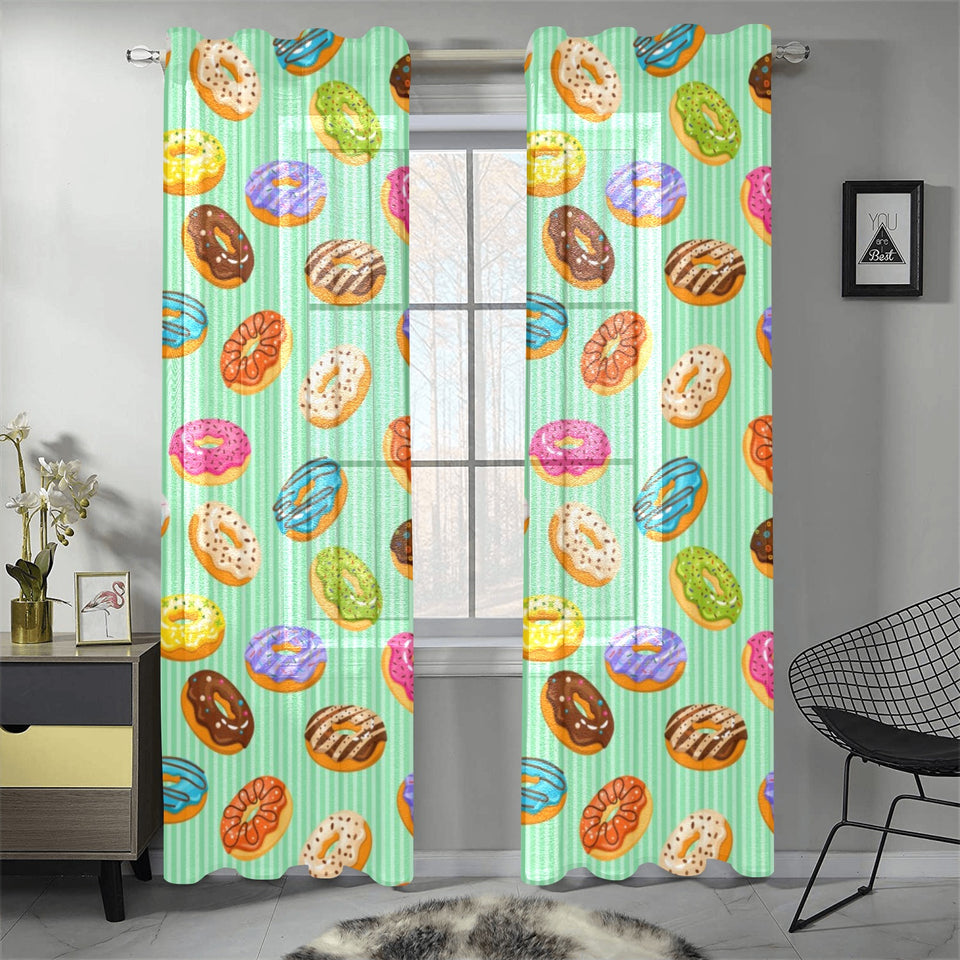 Colorful donut pattern green background Gauze Curtain
