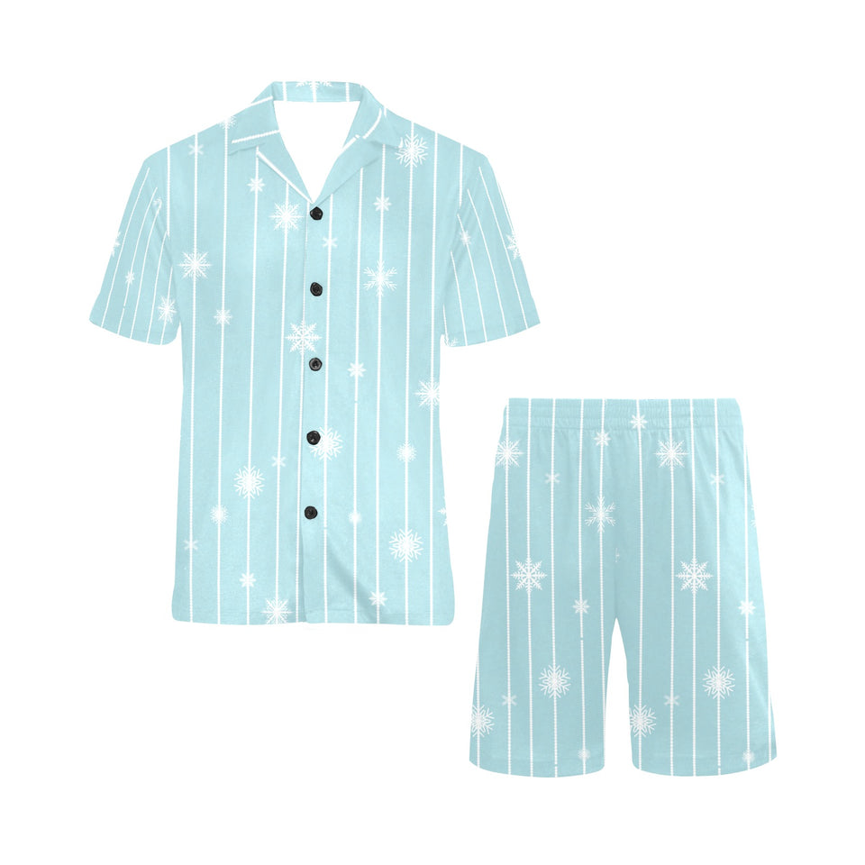 Snowflake pattern blue stripe background Men's V-Neck Short Pajama Set