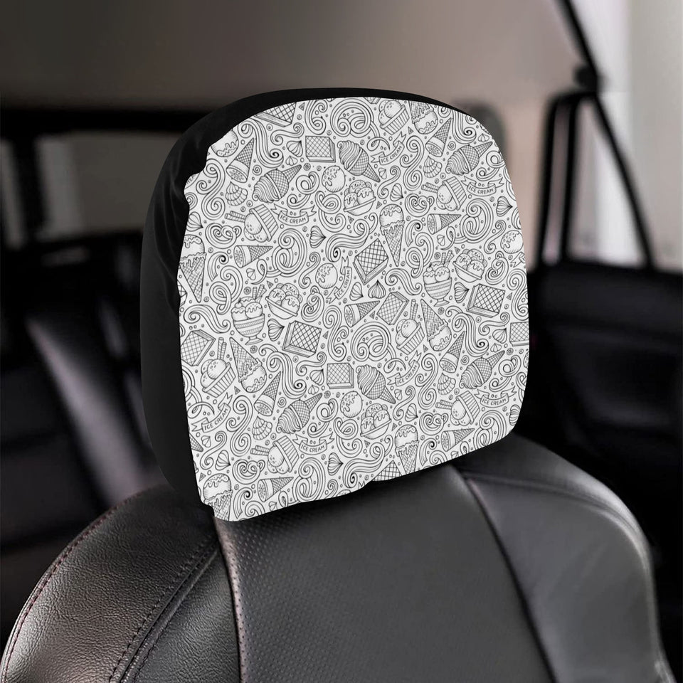 Cartoon hand drawn ice cream black white Car Headrest Cover