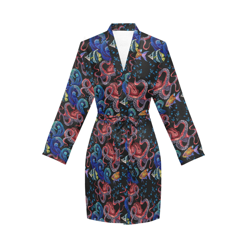 Octopus sea wave tropical fishe pattern Women's Long Sleeve Belted Night Robe