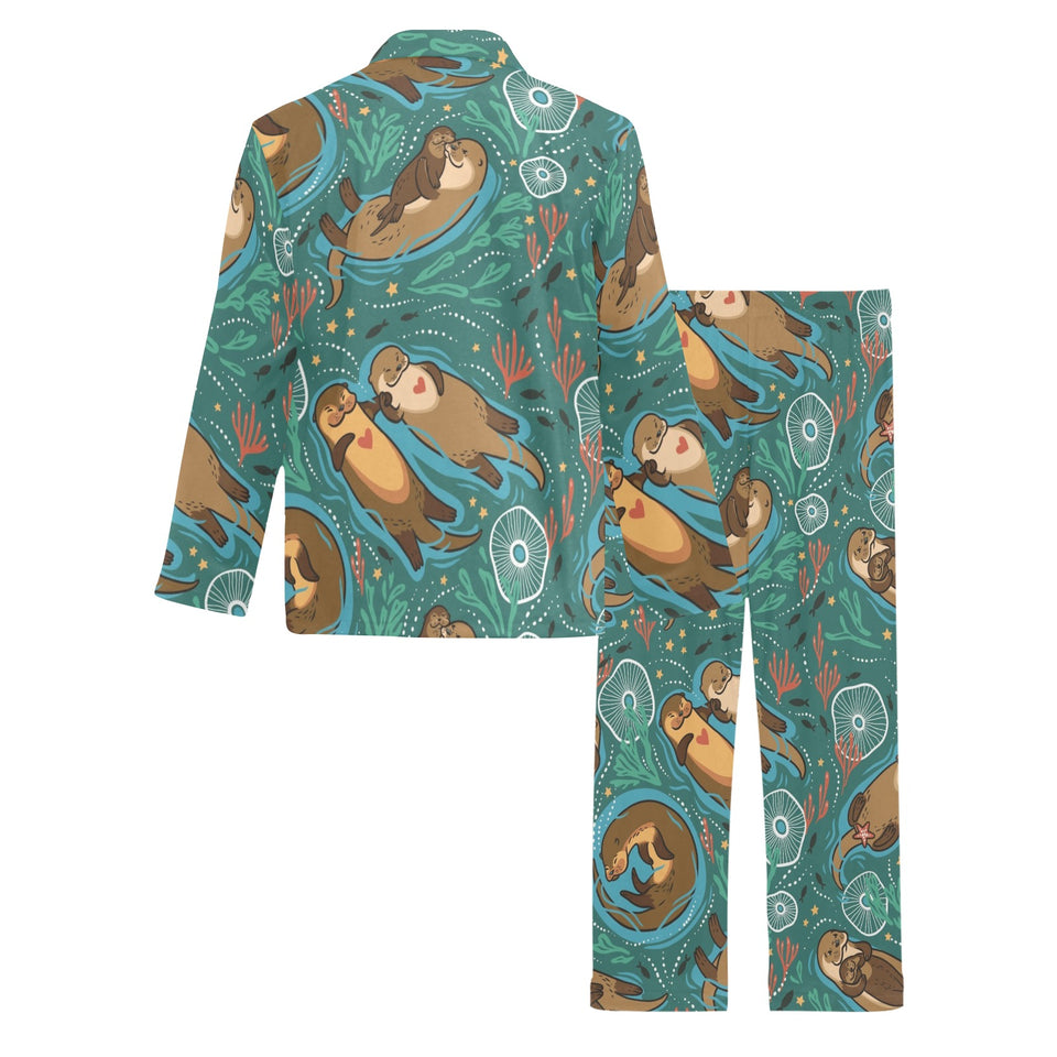 cute brown sea otters ornamental seaweed corals gr Men's Long Pajama Set