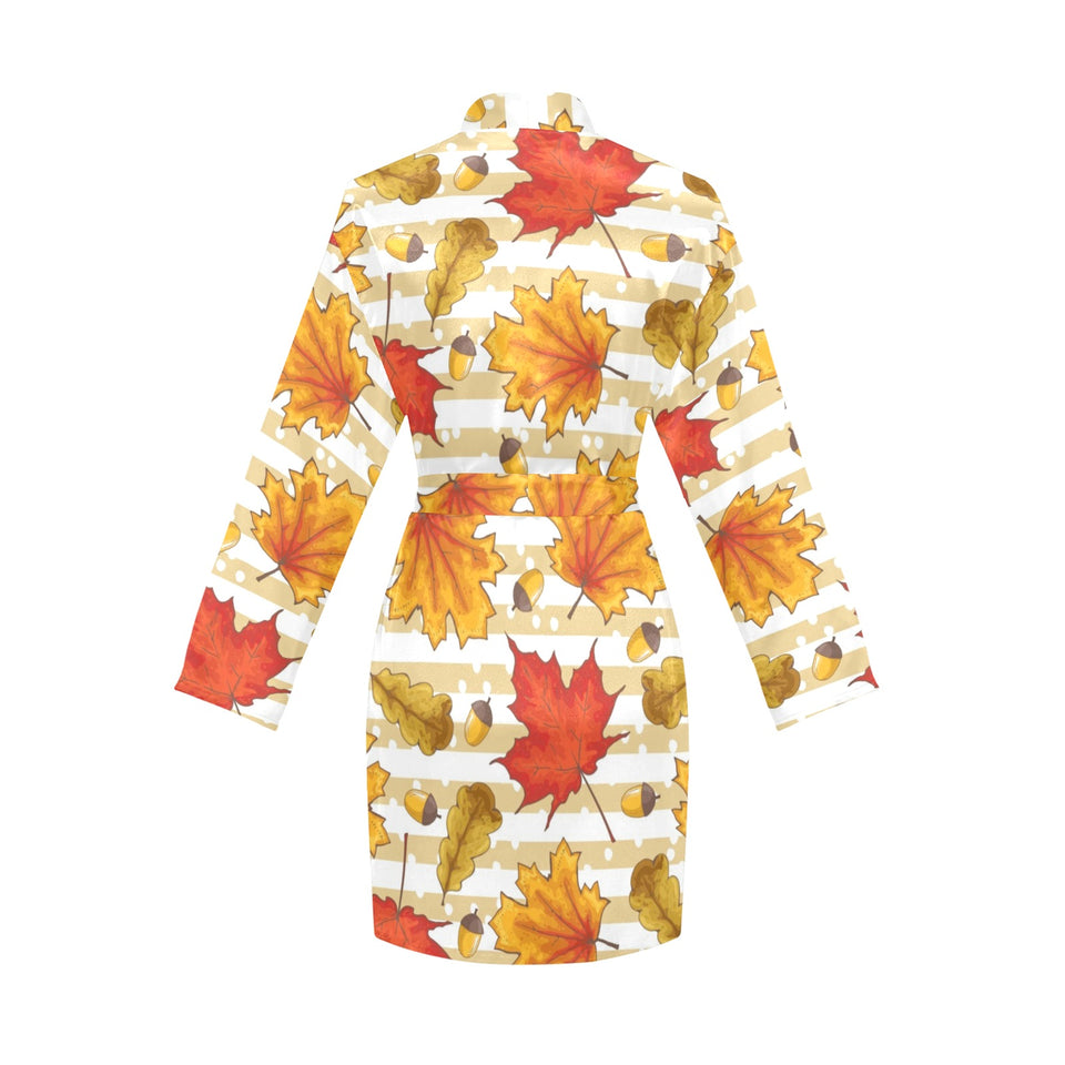 Maple leaf oak leaf acorns beige striped backgroun Women's Long Sleeve Belted Night Robe