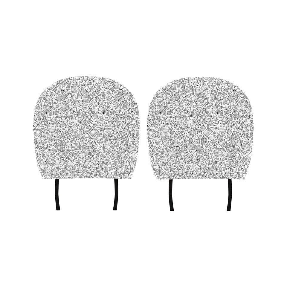 Cartoon hand drawn ice cream black white Car Headrest Cover