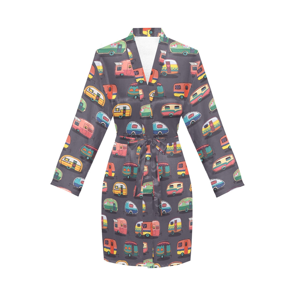 Camper Van Pattern Print Design 02 Women's Long Sleeve Belted Night Robe