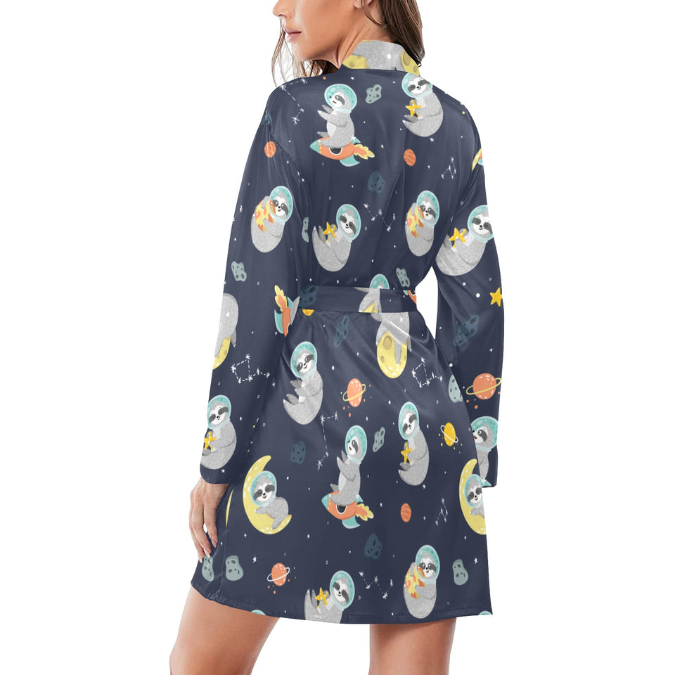 Cute sloth astronaut star planet rocket pattern Women's Long Sleeve Belted Night Robe