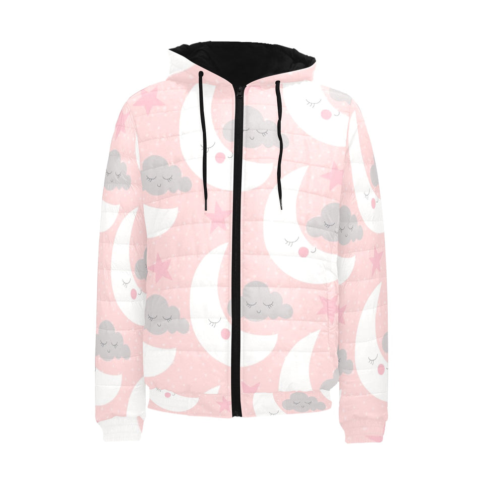 Cute moon cloud star pattern pink dot background Men's Padded Hooded Jacket