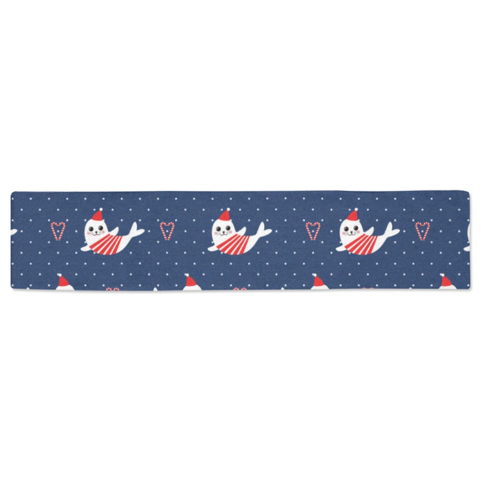Cute sea lion seal christmas hat candy cane heart Table Runner
