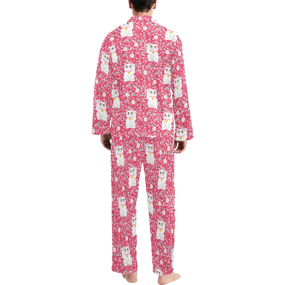 Maneki neko cat sakura pink background Men's Long Pajama Set