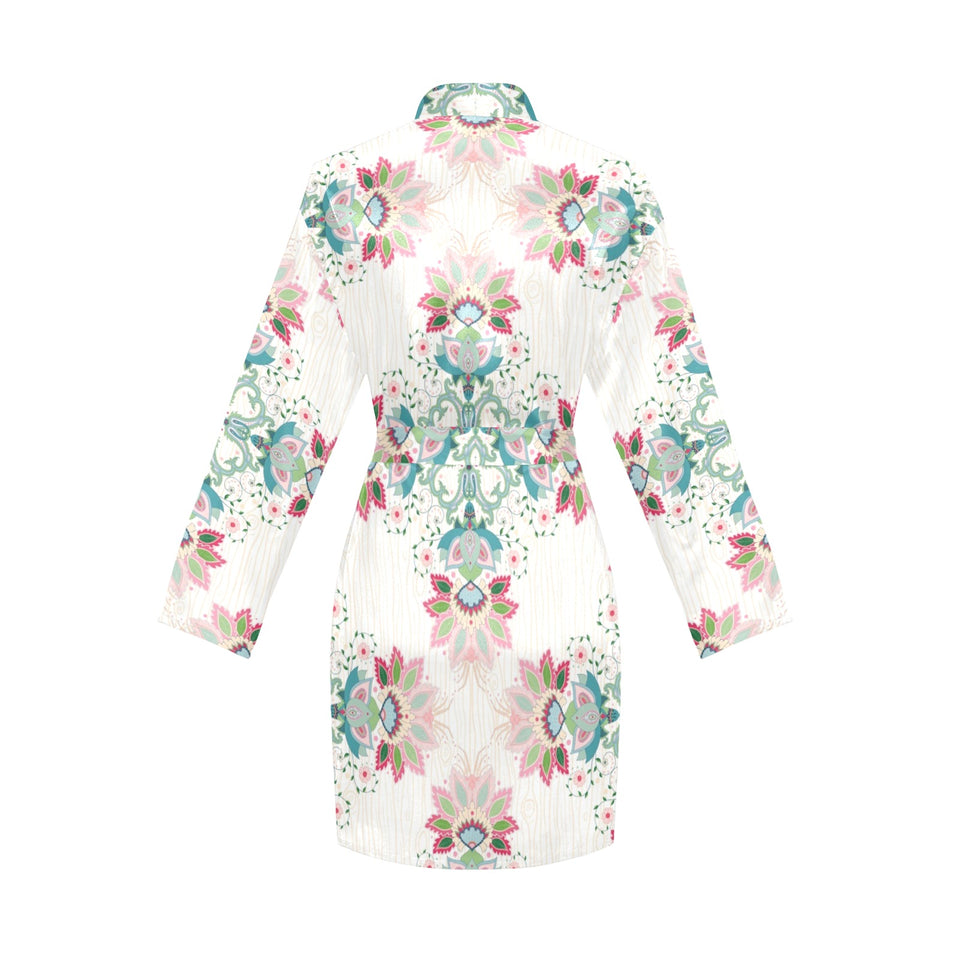 Square floral indian flower pattern Women's Long Sleeve Belted Night Robe