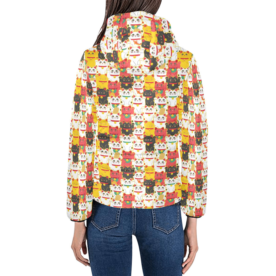 Colorful Maneki neko cat pattern Women's Padded Hooded Jacket