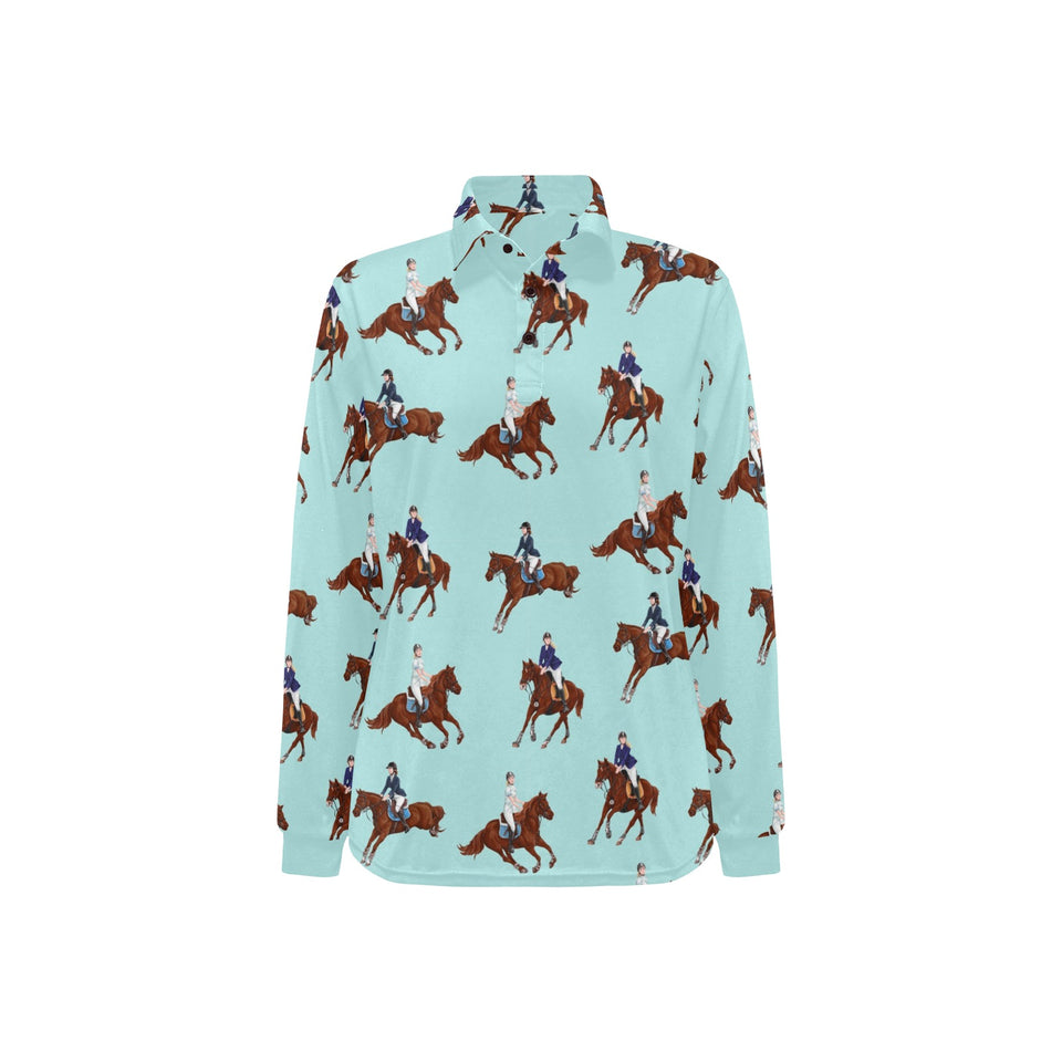 Horses running horses rider pattern Women's Long Sleeve Polo Shirt