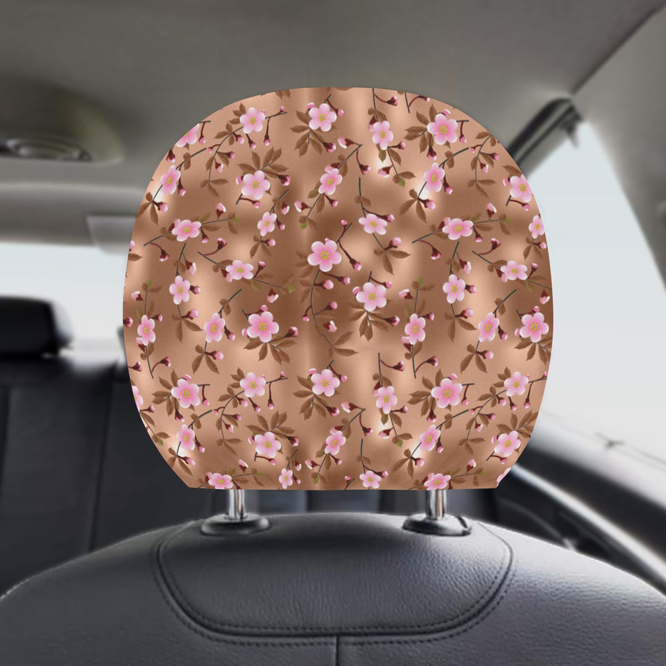 Pink sakura cherry blossom drak brown background Car Headrest Cover