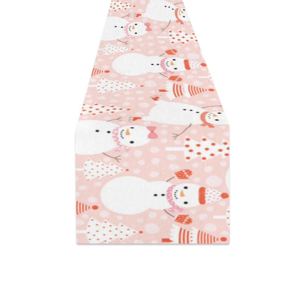 Cute snowman christmas tree snowpink background Table Runner