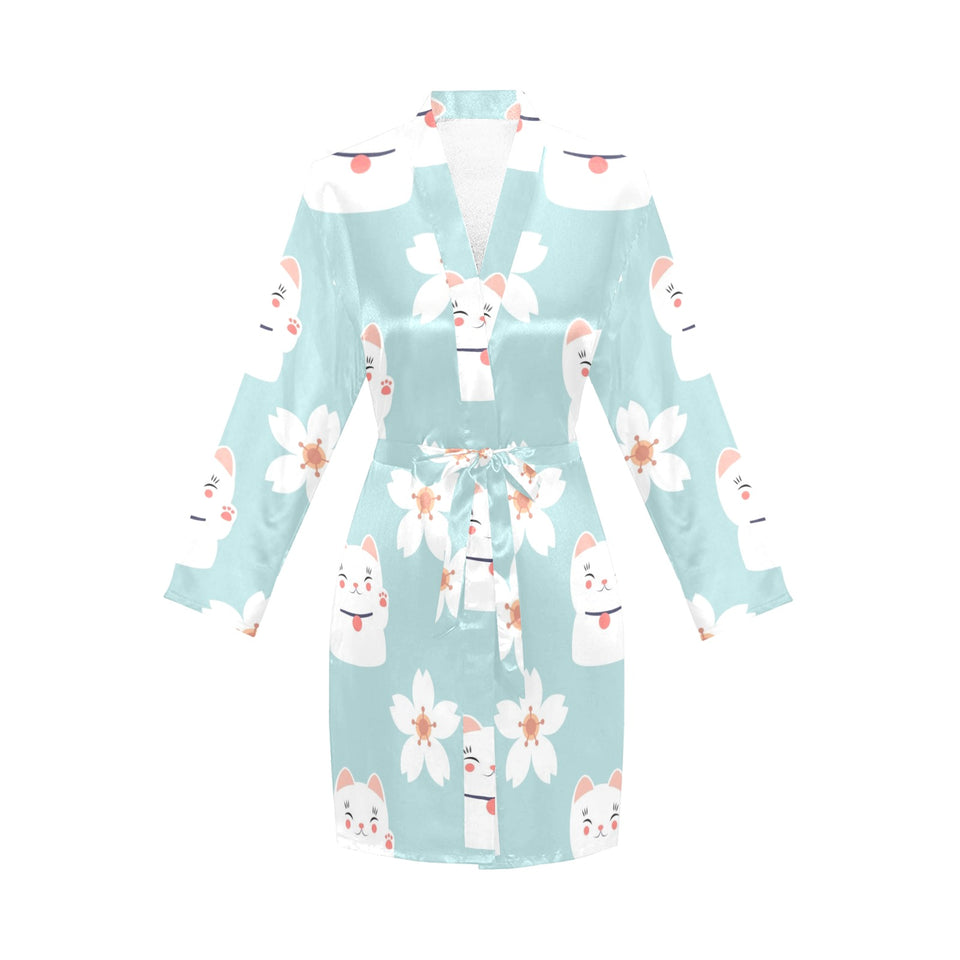 Maneki neko cat sakura Women's Long Sleeve Belted Night Robe