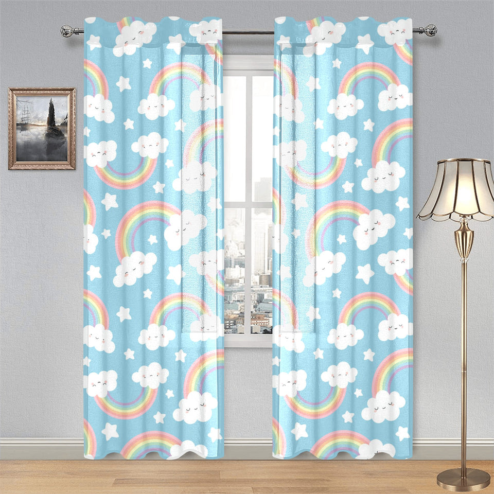 Cute rainbow clound star pattern blue background Gauze Curtain