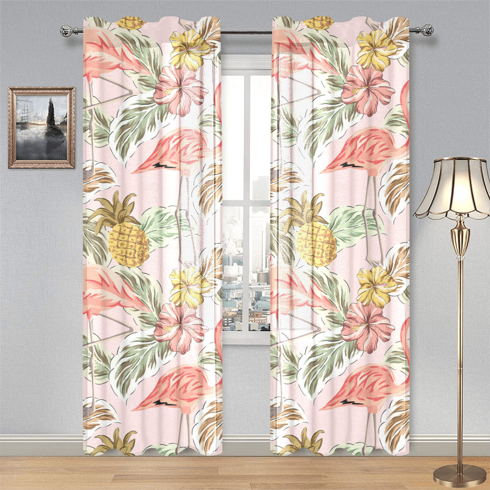 Pink flamingo birds pineapples hibiscus flower pat Gauze Curtain