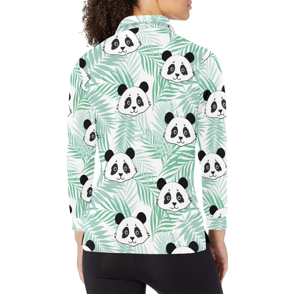 Panda pattern tropical leaves background Women's Long Sleeve Polo Shirt