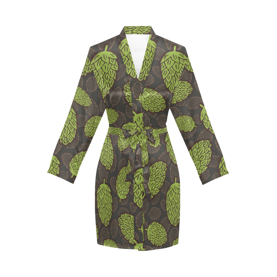 Hop pattern black background Women's Long Sleeve Belted Night Robe