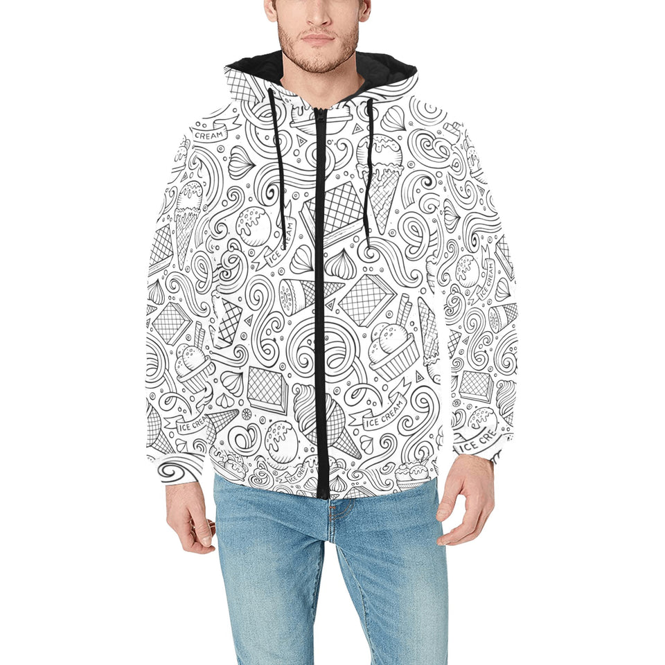 Cartoon hand drawn ice cream black white Men's Padded Hooded Jacket