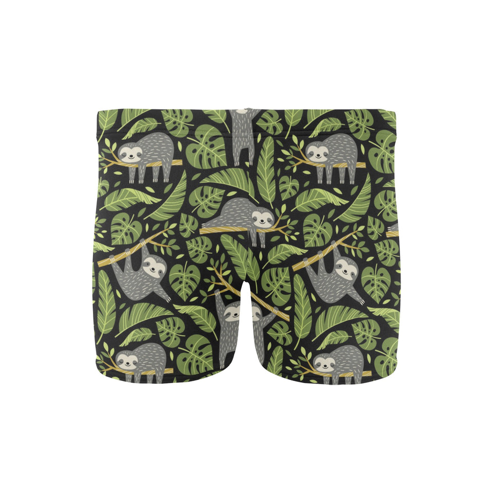 Cute sloths tropical palm leaves black background Men's Swimming Trunks