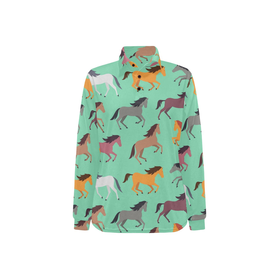Colorful horses pattern Women's Long Sleeve Polo Shirt