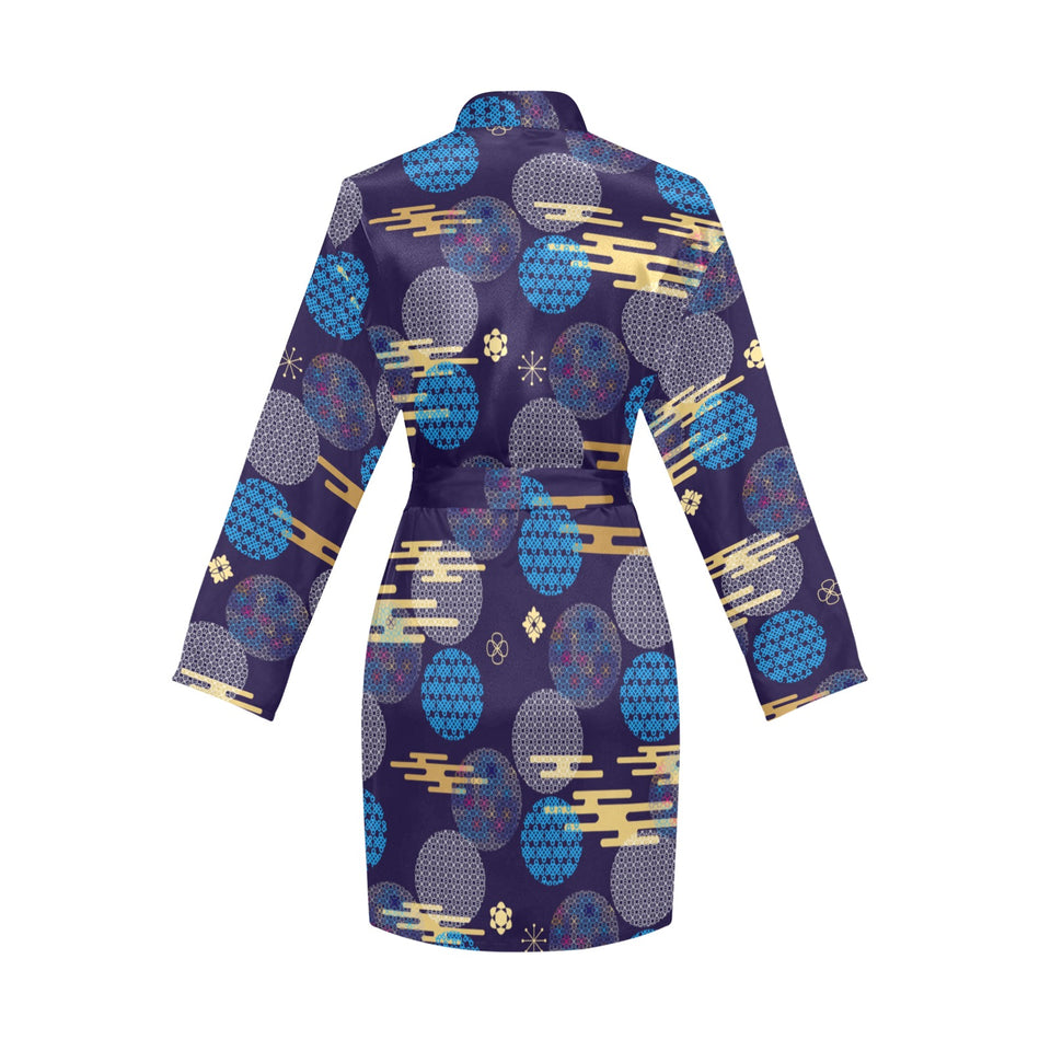 Blue japanese pattern cloud wave flower Women's Long Sleeve Belted Night Robe