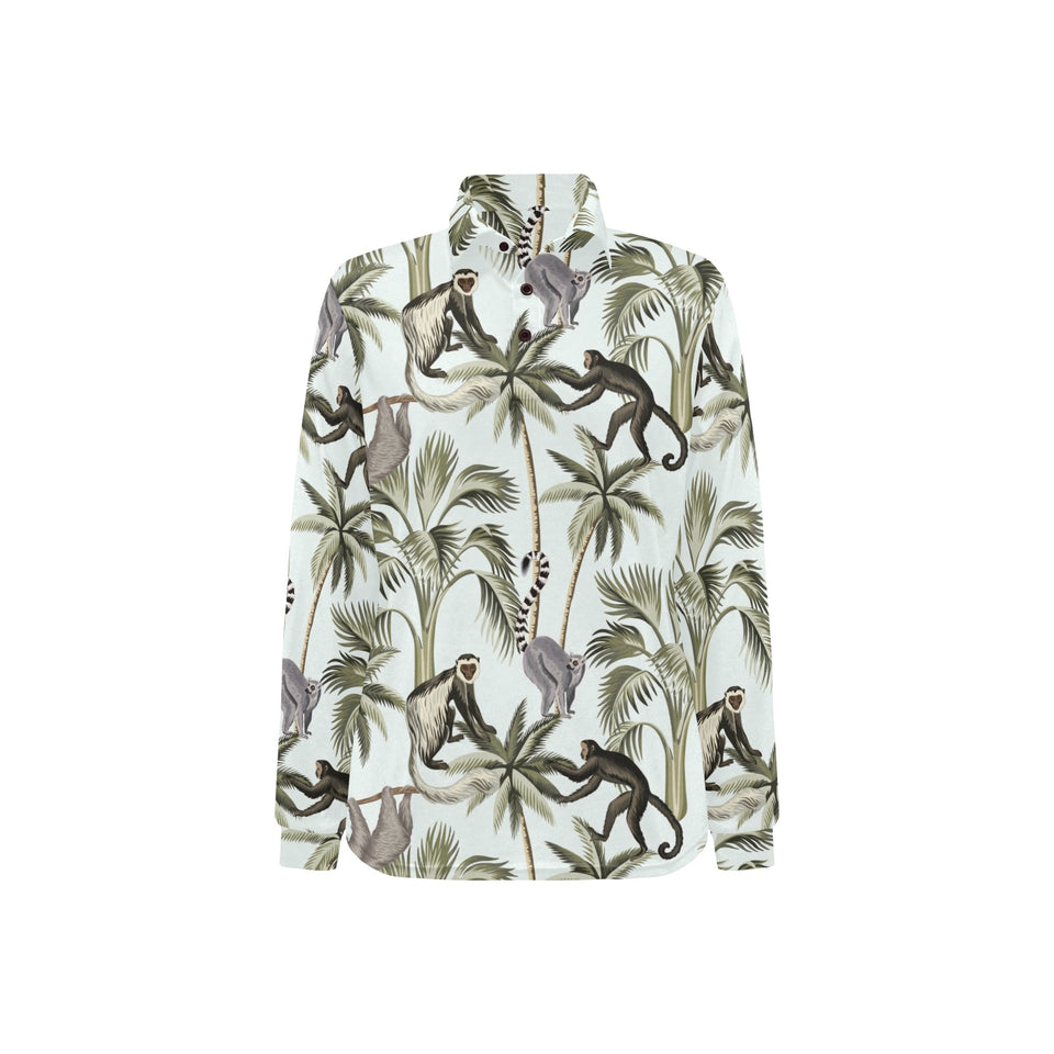 Monkey sloth lemur palm trees pattern Women's Long Sleeve Polo Shirt