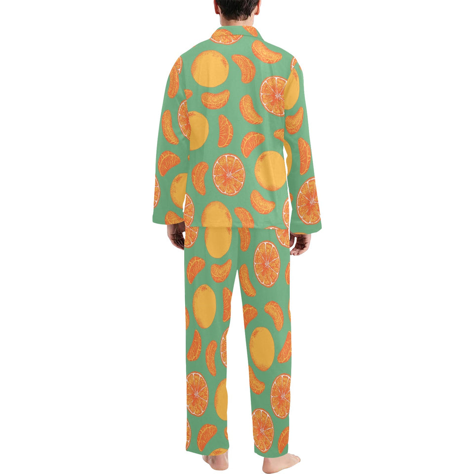 orange fruit pattern green background Men's Long Pajama Set