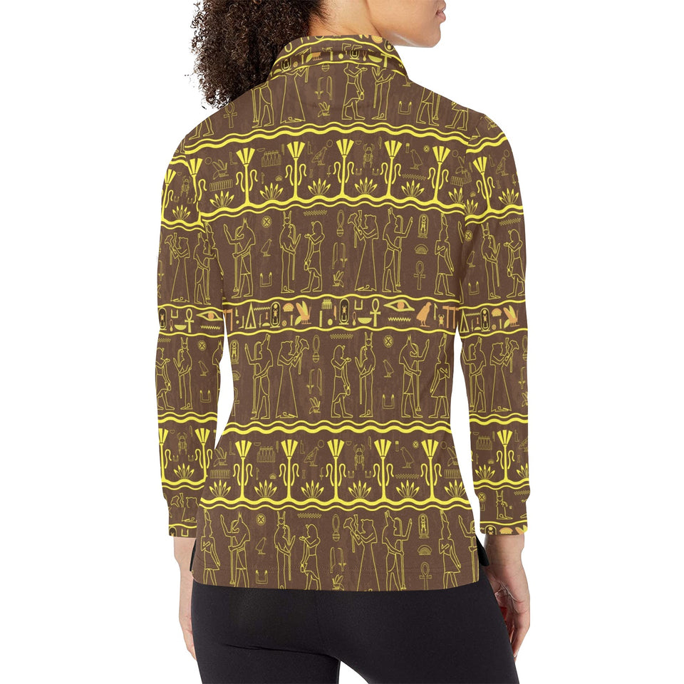 Egypt Hieroglyphics Pattern Print Design 03 Women's Long Sleeve Polo Shirt