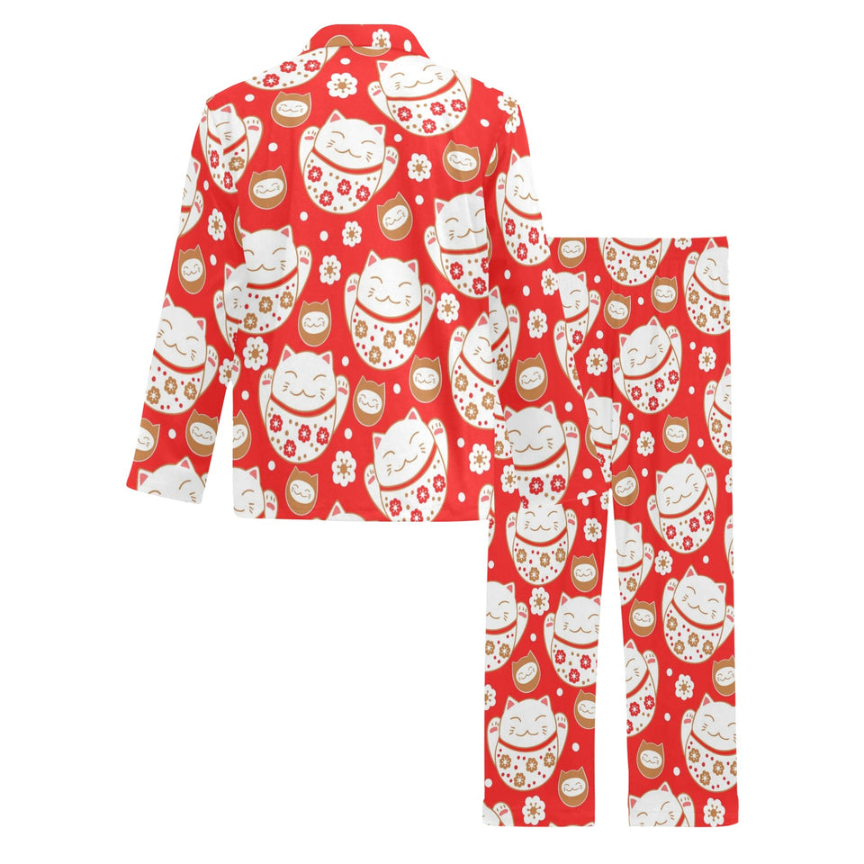 Cute Maneki neko cat red background Men's Long Pajama Set