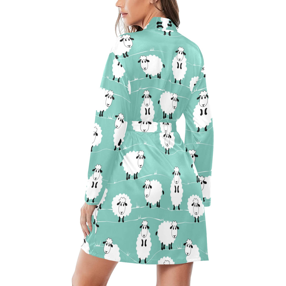 Cute sheep green background Women's Long Sleeve Belted Night Robe
