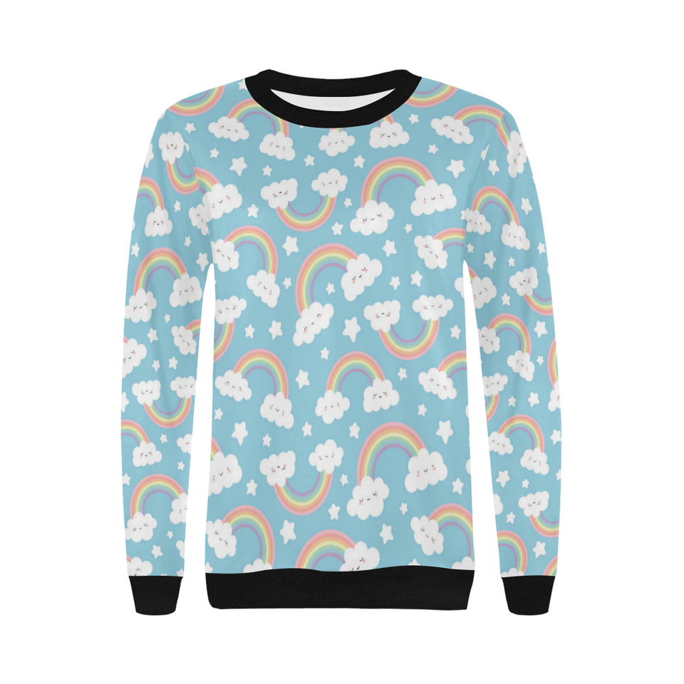 Cute rainbow clound star pattern blue background Women's Crew Neck Sweatshirt
